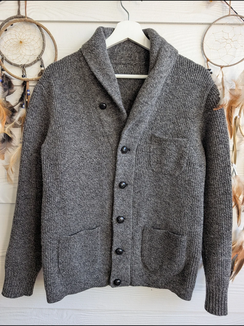 J Crew Sweater Men Gray Lambswool Shawl Collar Cardigan Chunky Knit